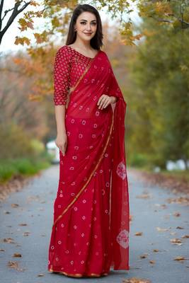 Women's red color bandhani chiffon saree with blouse 3