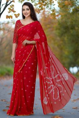 Women's red color bandhani chiffon saree with blouse 4