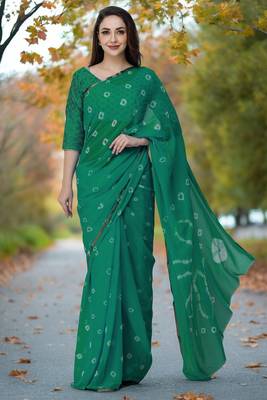 Women's rama green color bandhani chiffon saree with blouse 1
