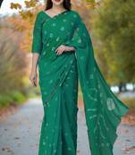 Women's rama green color bandhani chiffon saree with blouse
