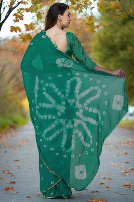 Women's rama green color bandhani chiffon saree with blouse 2
