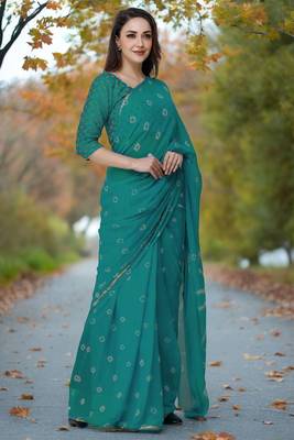 Women's rama green color bandhani chiffon saree with blouse 3