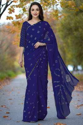 Women's navy blue color bandhani chiffon saree with blouse 1