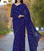 Women's navy blue color bandhani chiffon saree with blouse
