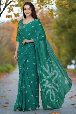Women's rama green color bandhani chiffon saree with blouse 4