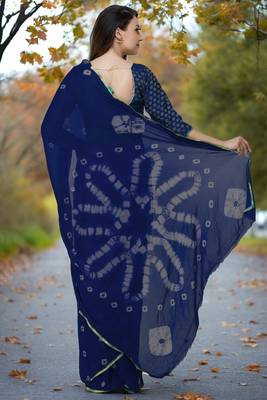 Women's navy blue color bandhani chiffon saree with blouse 2