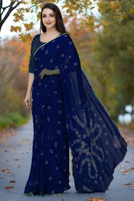 Women's navy blue color bandhani chiffon saree with blouse 3