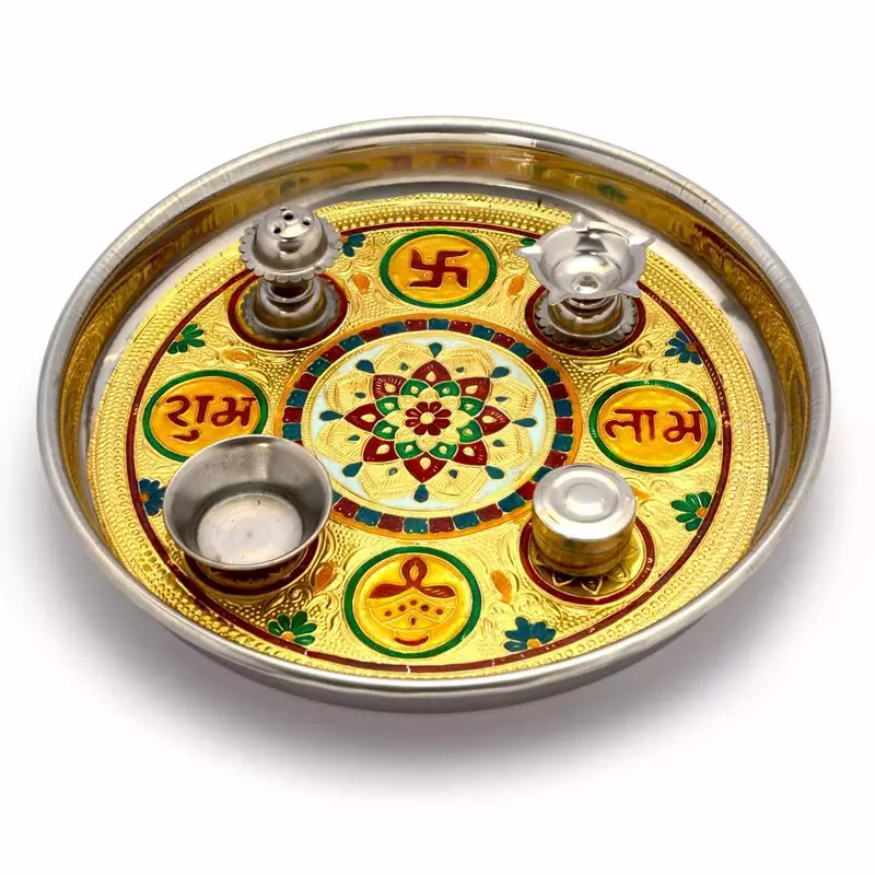 Meenakari Work Shubh Laabh Decorative Pooja Thali Deepawali Gift 364