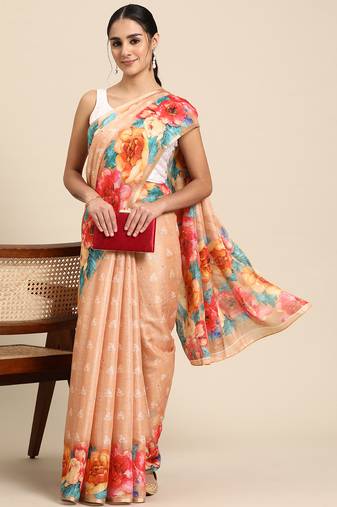 Women'S Cotton Silk Floral Print Saree