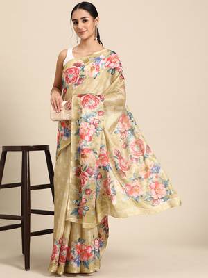Women'S Cotton Silk Floral Print Saree 1