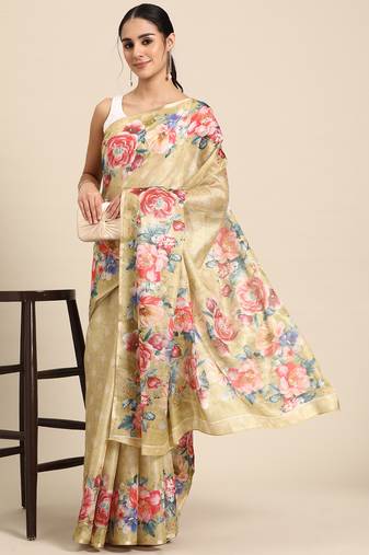 Women'S Cotton Silk Floral Print Saree