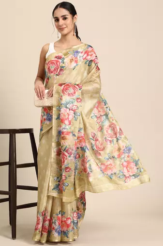 Women'S Cotton Silk Floral Print Saree