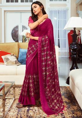 Magenta Foil Printed Chiffon Saree With Blouse Piece 1