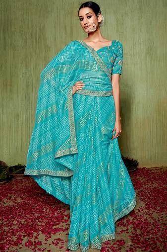 Sky Blue Bandhani Print Chiffon Bollywood Saree With Blouse Piece