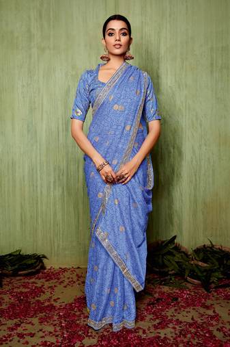 Blue Bandhani Print Chiffon Bollywood Saree With Blouse Piece