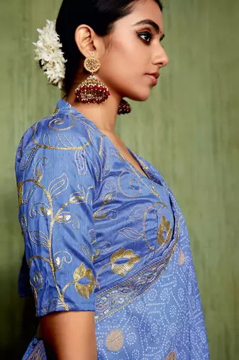 Blue Bandhani Print Chiffon Bollywood Saree With Blouse Piece