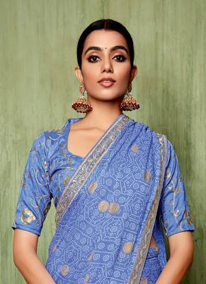 Blue Bandhani Print Chiffon Bollywood Saree With Blouse Piece 3