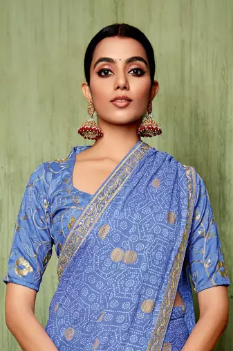 Blue Bandhani Print Chiffon Bollywood Saree With Blouse Piece