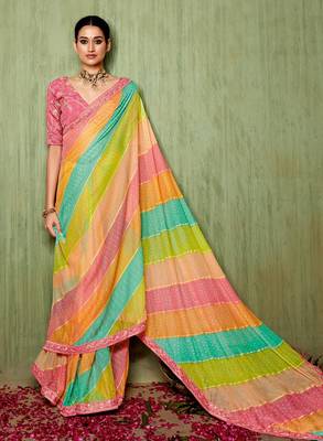 Moulticolor Bandhani Print Chiffon Bollywood Saree With Blouse Piece 1