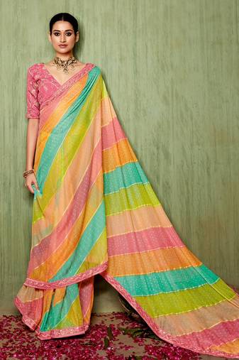 Moulticolor Bandhani Print Chiffon Bollywood Saree With Blouse Piece