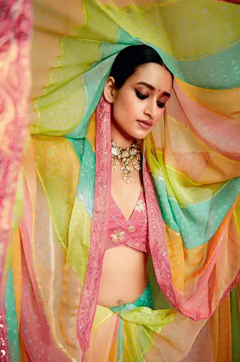 Moulticolor Bandhani Print Chiffon Bollywood Saree With Blouse Piece