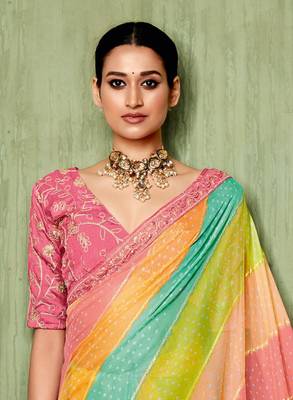 Moulticolor Bandhani Print Chiffon Bollywood Saree With Blouse Piece 3
