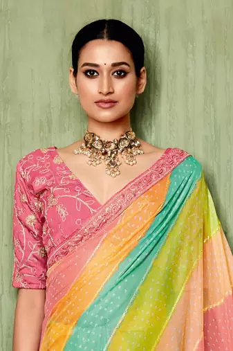 Moulticolor Bandhani Print Chiffon Bollywood Saree With Blouse Piece