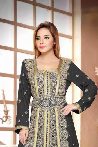 Black color Full Sleeves Handmade Moroccan Kaftan with hijjab