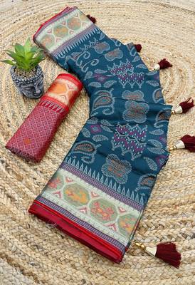Korams Design Rama Patola Faux Banarasi Silk Saree With Blouse For Women 1