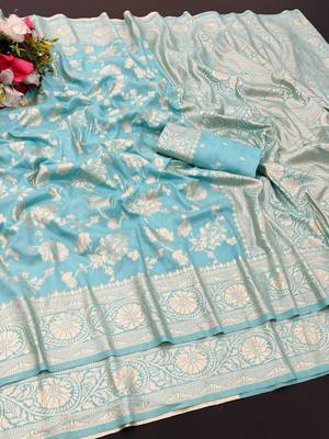 Design Firozi Faux Banarasi Silk Blend Saree With Blouse For Women 1