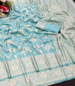 Design Firozi Faux Banarasi Silk Blend Saree With Blouse For Women