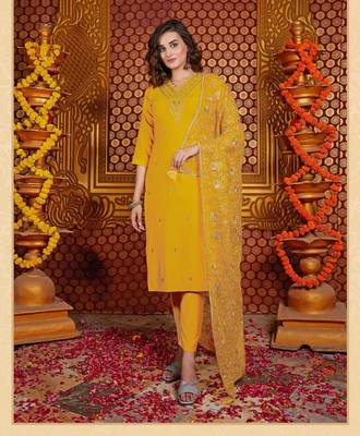 Yellow silk heavy v neck embroidery full stitched ceremonial suits 1
