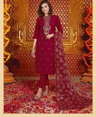 Red silk heavy v neck embroidery full stitched ceremonial suits 1