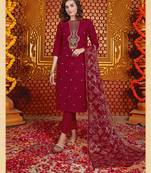 Red silk heavy v neck embroidery full stitched ceremonial suits