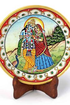 Gold Minakari Marble Radha Krishna Beautiful Plate Diwali Gift 396