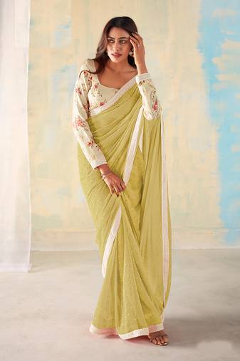 Olive Georgette Party Wear Saree With Unstitched Blouse Piece