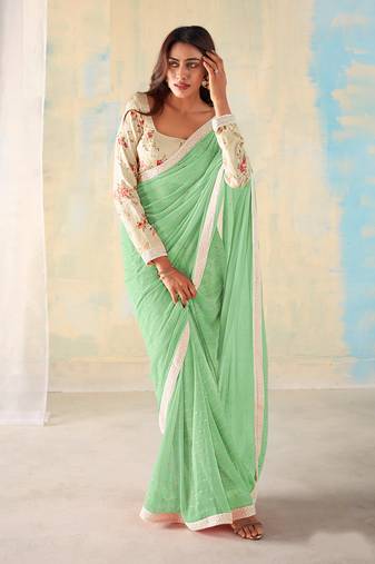 Green Georgette Party Wear Saree With Unstitched Blouse Piece