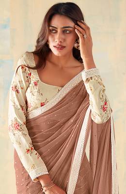 Brown Georgette Party Wear Saree With Unstitched Blouse Piece 2