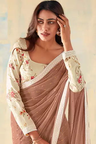 Brown Georgette Party Wear Saree With Unstitched Blouse Piece