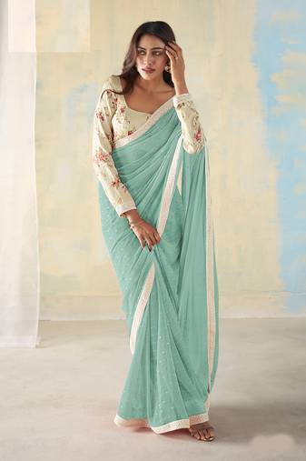 Blue Georgette Party Wear Saree With Unstitched Blouse Piece
