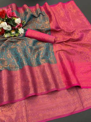 KORAMS DESIGN RAMA BANARASI SILK BLEND SAREE WITH BLOUSE FOR WOMEN 1