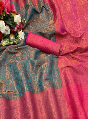 KORAMS DESIGN RAMA BANARASI SILK BLEND SAREE WITH BLOUSE FOR WOMEN 2