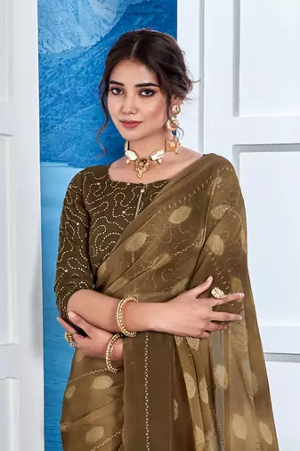 Brown Georgette Party Wear Saree With Blouse Piece