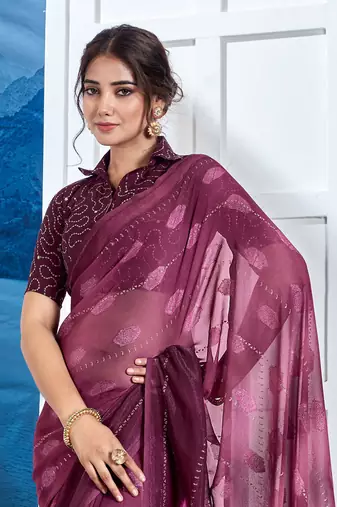 Purple Georgette Party Wear Saree With Blouse Piece