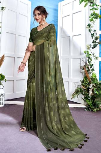 Green Georgette Party Wear Saree With Blouse Piece