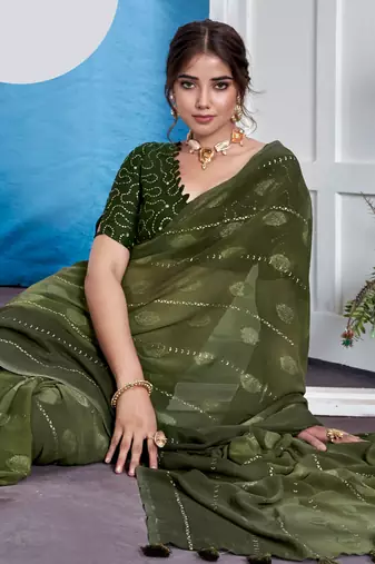 Green Georgette Party Wear Saree With Blouse Piece