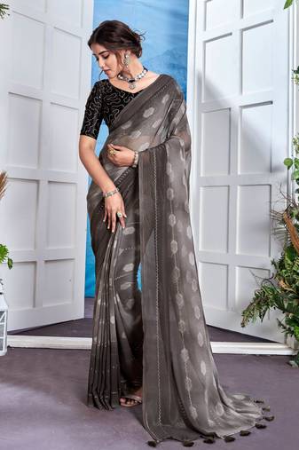 Grey Georgette Party Wear Saree With Blouse Piece