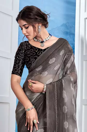 Grey Georgette Party Wear Saree With Blouse Piece