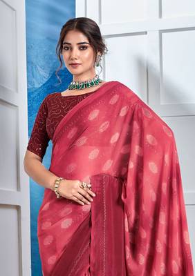 Red Georgette Party Wear Saree With Blouse Piece 3