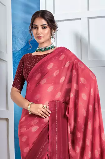 Red Georgette Party Wear Saree With Blouse Piece
